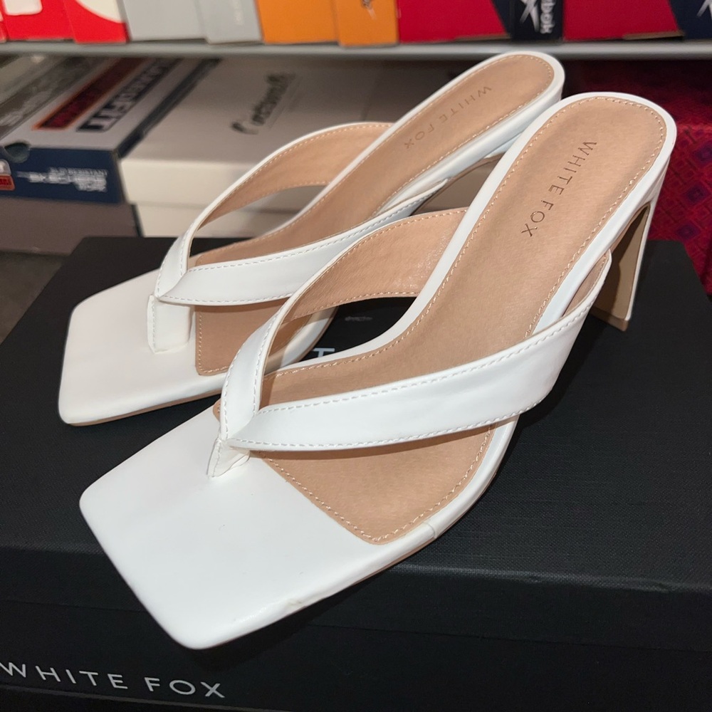 White Fox Boutique White Square-Toe Thong Heeled Sandals